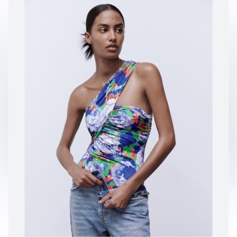 💕 ZARA floral one shoulder ruched bodysuit NEW size M blue green red roses